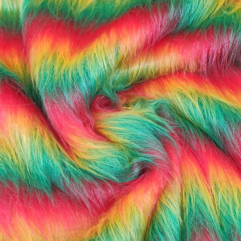 Red,Tango,Flavine,Emerald Stripe Multicoloured Faux Fur Fabric - AC 356 / YF54