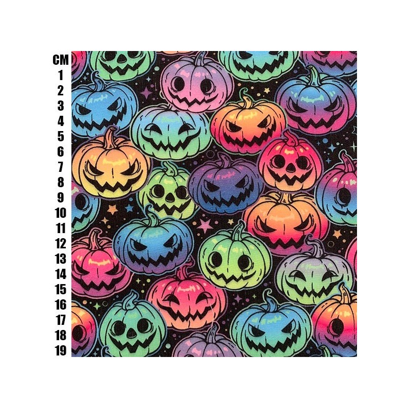 Black Rainbow Pumpkins - Halloween Theme Polycotton Fabric Material - 110cm Wide
