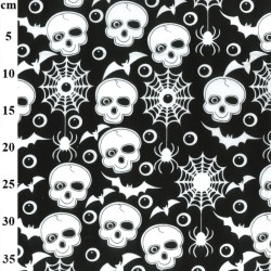 Black Skulls & Bats - Halloween Theme Polycotton Fabric Material - 110cm Wide