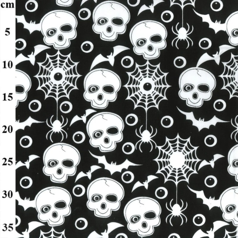 Black Skulls & Bats - Halloween Theme Polycotton Fabric Material - 110cm Wide