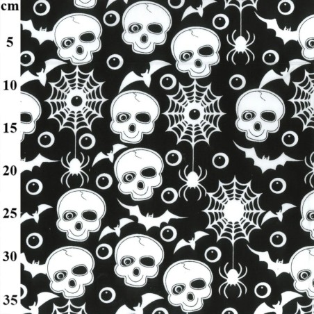 Black Skulls & Bats - Halloween Theme Polycotton Fabric Material - 110cm Wide