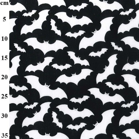 Black With White Bats - Halloween Theme Polycotton Fabric Material - 110cm Wide