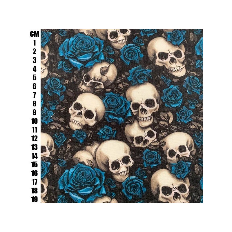 Day of The Dead Royal Blue - Halloween Theme Polycotton Fabric Material - 110cm Wide