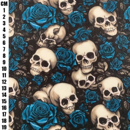 Day of The Dead Royal Blue - Halloween Theme Polycotton Fabric Material - 110cm Wide
