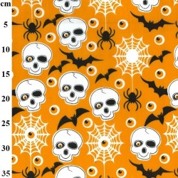Orange Skulls & Bats - Halloween Theme Polycotton Fabric Material - 110cm Wide