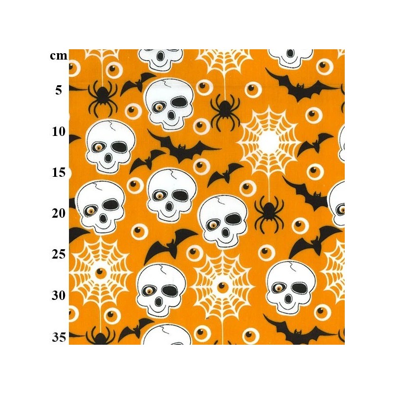 Orange Skulls & Bats - Halloween Theme Polycotton Fabric Material - 110cm Wide