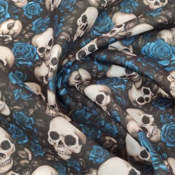 Day of The Dead Royal Blue - Halloween Theme Polycotton Fabric Material - 110cm Wide