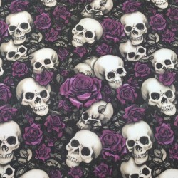 Day of The Dead Purple - Halloween Theme Polycotton Fabric Material - 110cm Wide