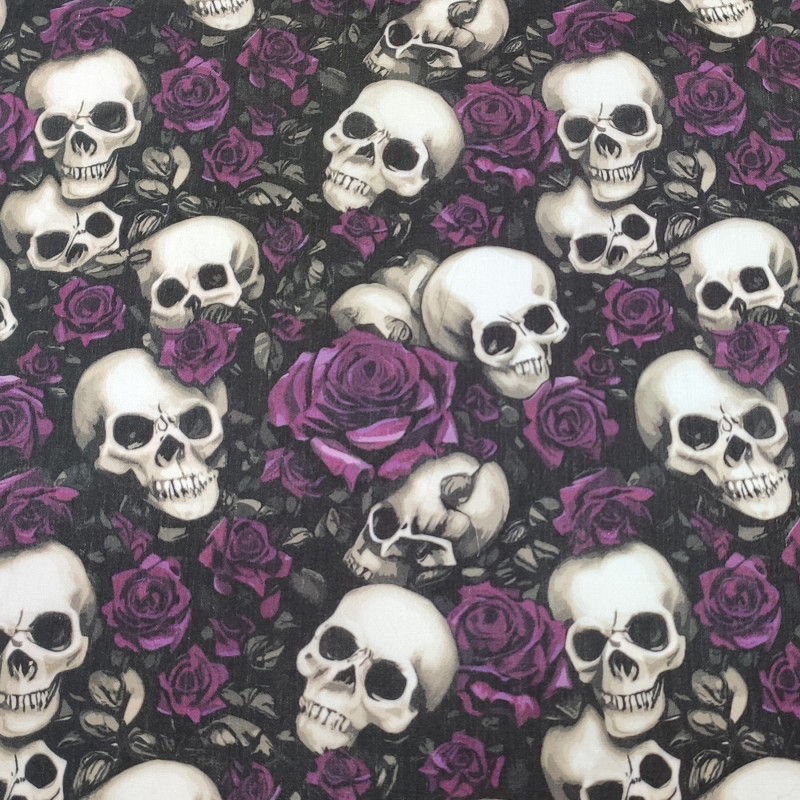 Day of The Dead Purple - Halloween Theme Polycotton Fabric Material - 110cm Wide