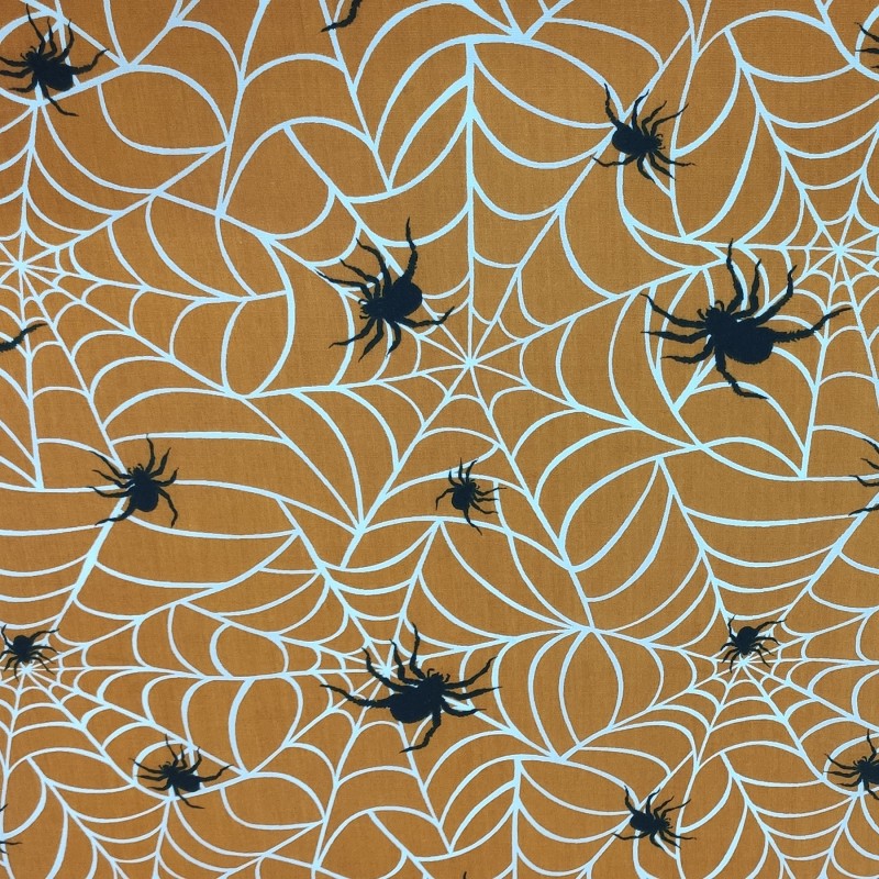 Orange Spiderweb - Halloween Theme Polycotton Fabric Material - 110cm Wide