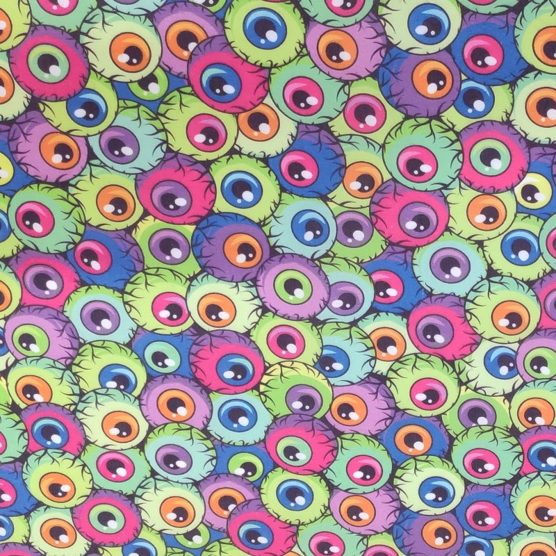 Rainbow Eyeballs - Halloween Theme Polycotton Fabric Material - 110cm Wide